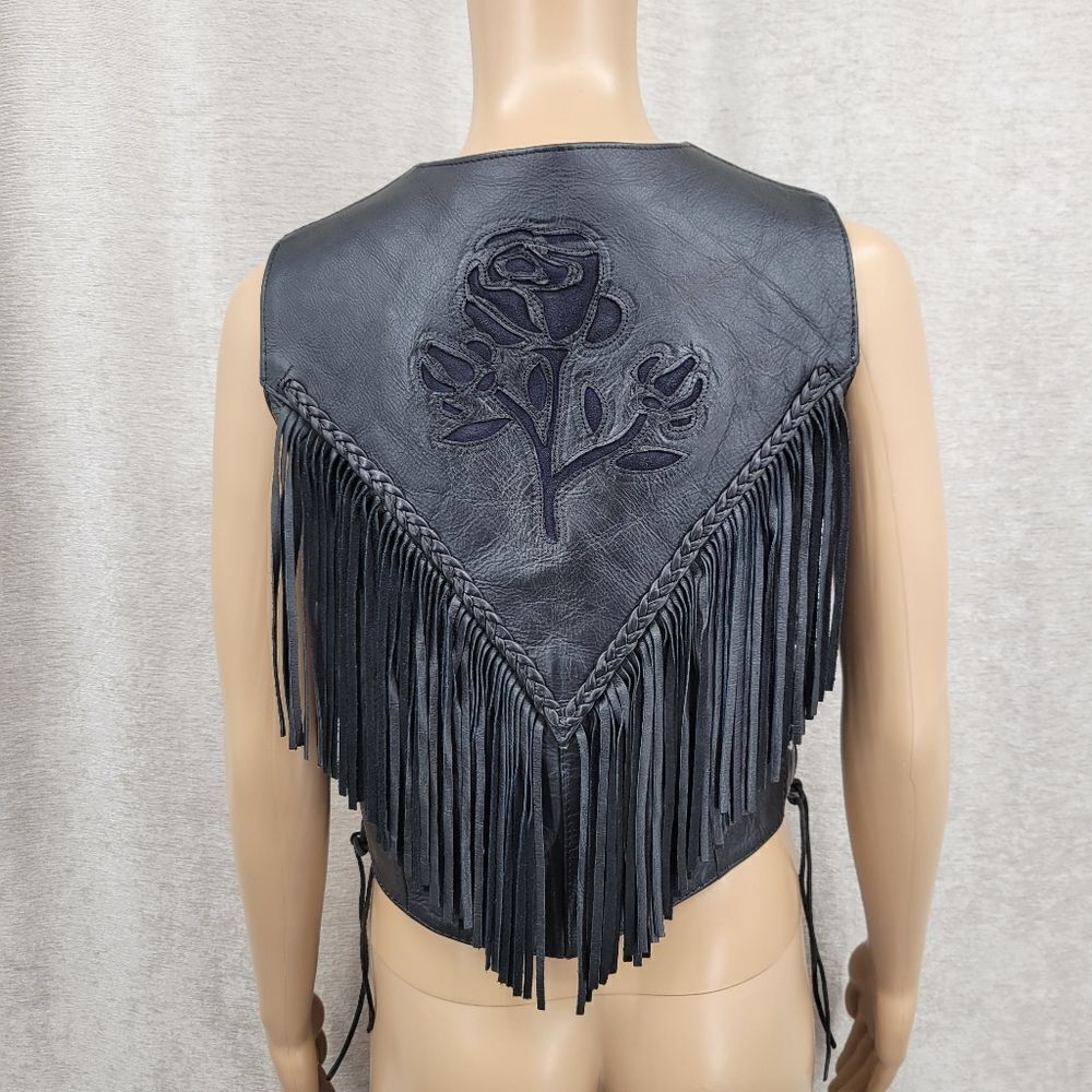 UNIK Women's Black Fringe Leather Motorcycle Bikercore Vest Vintage Rose Cutout